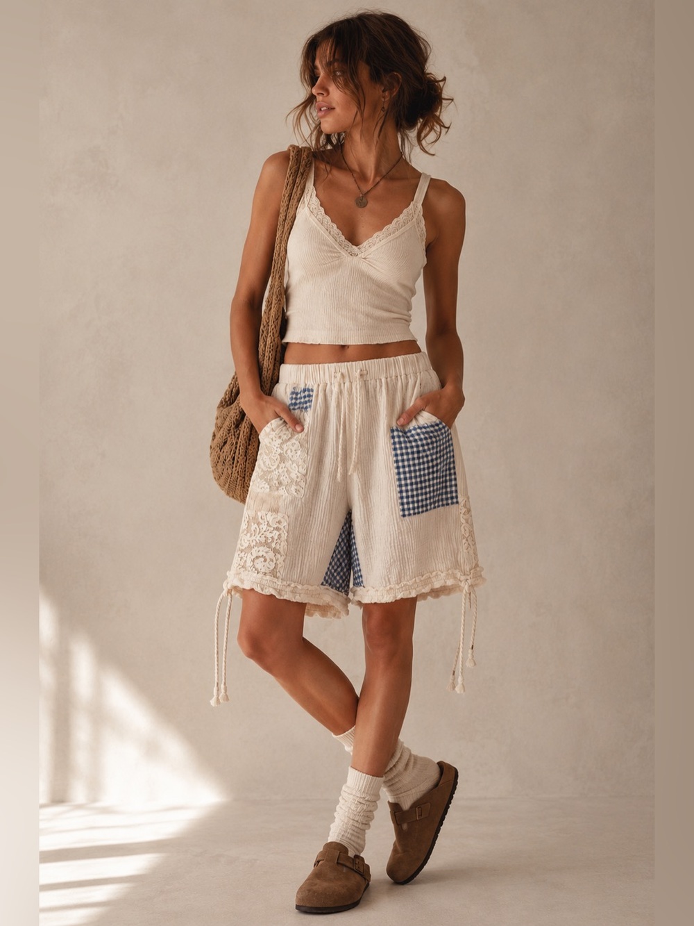 SHEIN Cream Gauze Patchwork Lace Gingham Drawstring Shorts Size M